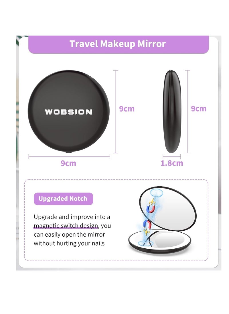 wobsion Travel Compact Mirror,Portable 1x/10x LED Makeup Mirror with Magnification,Handheld 2-Sided Pocket Mirror, 3.5in Small Mirror for Purse,Handbag,Gift,Black