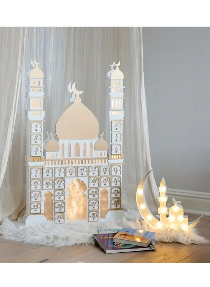 1pc Wooden Eid Festival Castle Decoration - Vibrant LED Light Display, Functional Calendar, Spacious Cabinet, Beautiful Desktop Decoration, Exciting Countdown Feature - Perfect for Home Decor, Celebrate Ramadan with Style, Unique Window Decoration