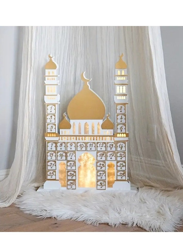 1pc Wooden Eid Festival Castle Decoration - Vibrant LED Light Display, Functional Calendar, Spacious Cabinet, Beautiful Desktop Decoration, Exciting Countdown Feature - Perfect for Home Decor, Celebrate Ramadan with Style, Unique Window Decoration