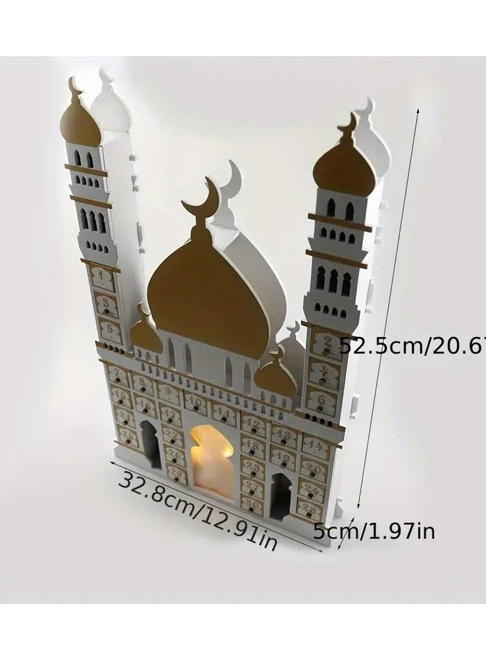 1pc Wooden Eid Festival Castle Decoration - Vibrant LED Light Display, Functional Calendar, Spacious Cabinet, Beautiful Desktop Decoration, Exciting Countdown Feature - Perfect for Home Decor, Celebrate Ramadan with Style, Unique Window Decoration