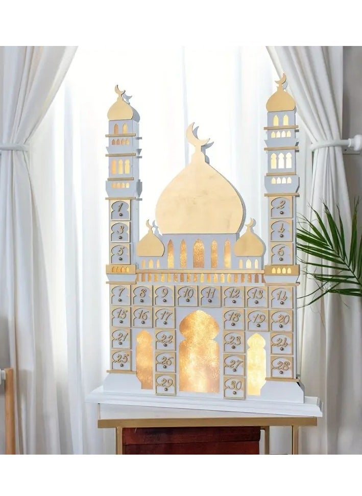 1pc Wooden Eid Festival Castle Decoration - Vibrant LED Light Display, Functional Calendar, Spacious Cabinet, Beautiful Desktop Decoration, Exciting Countdown Feature - Perfect for Home Decor, Celebrate Ramadan with Style, Unique Window Decoration