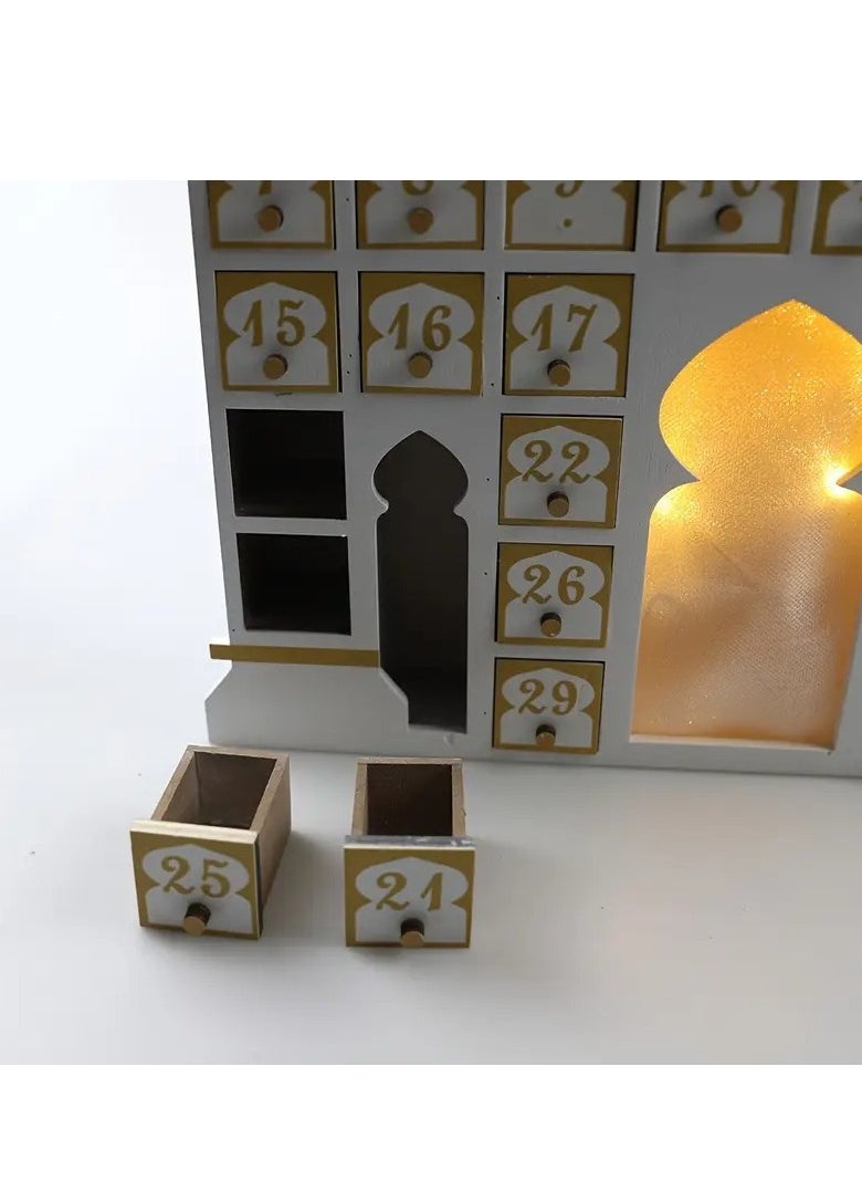 1pc Wooden Eid Festival Castle Decoration - Vibrant LED Light Display, Functional Calendar, Spacious Cabinet, Beautiful Desktop Decoration, Exciting Countdown Feature - Perfect for Home Decor, Celebrate Ramadan with Style, Unique Window Decoration