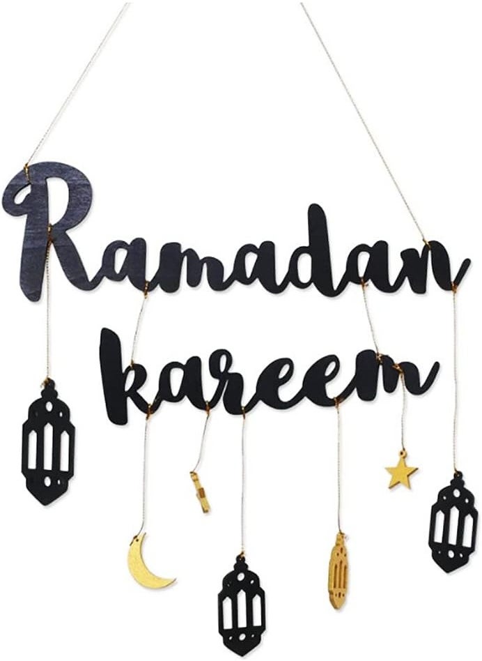 Ramadan Kareem Wooden Letter Sign - Blank, Customizable Seating Plaque with Moon & Star Pendants for Eid Celebrations