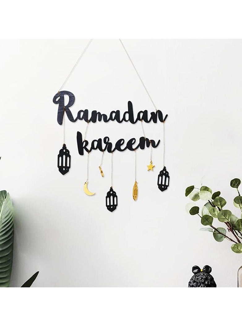 Ramadan Kareem Wooden Letter Sign - Blank, Customizable Seating Plaque with Moon & Star Pendants for Eid Celebrations