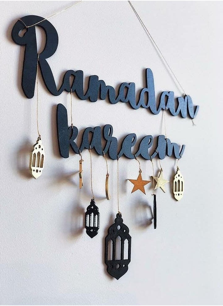 Ramadan Kareem Wooden Letter Sign - Blank, Customizable Seating Plaque with Moon & Star Pendants for Eid Celebrations