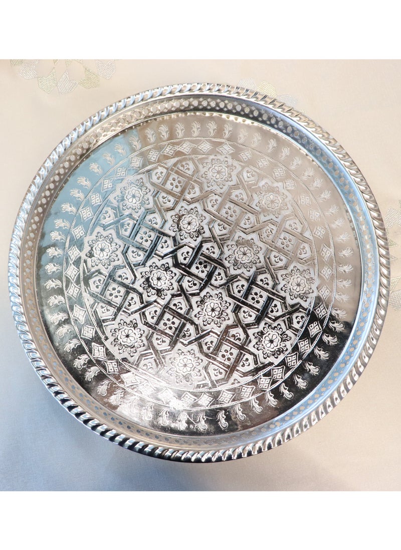 Handmade Moroccan Serving Trays, Brass Silver, Set of 5, Round with Embossed Pattern