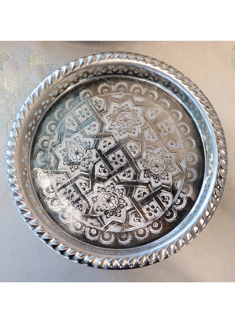 Handmade Moroccan Serving Trays, Brass Silver, Set of 5, Round with Embossed Pattern