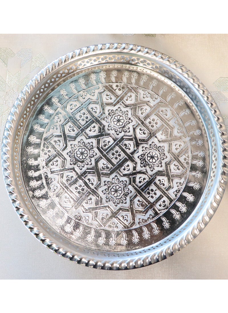 Handmade Moroccan Serving Trays, Brass Silver, Set of 5, Round with Embossed Pattern