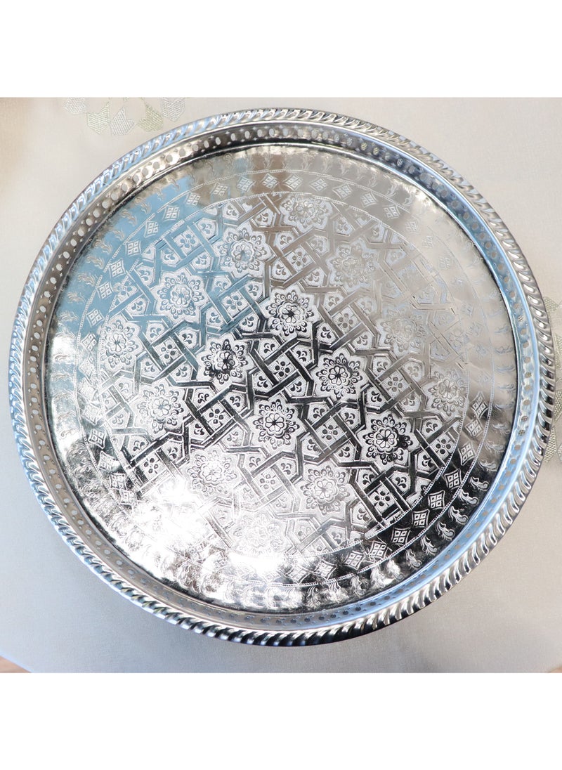 Handmade Moroccan Serving Trays, Brass Silver, Set of 5, Round with Embossed Pattern