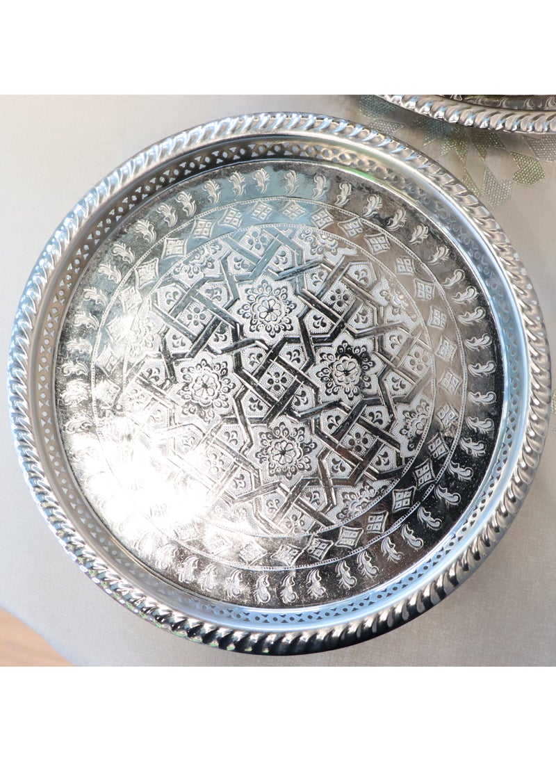 Handmade Moroccan Serving Trays, Brass Silver, Set of 5, Round with Embossed Pattern