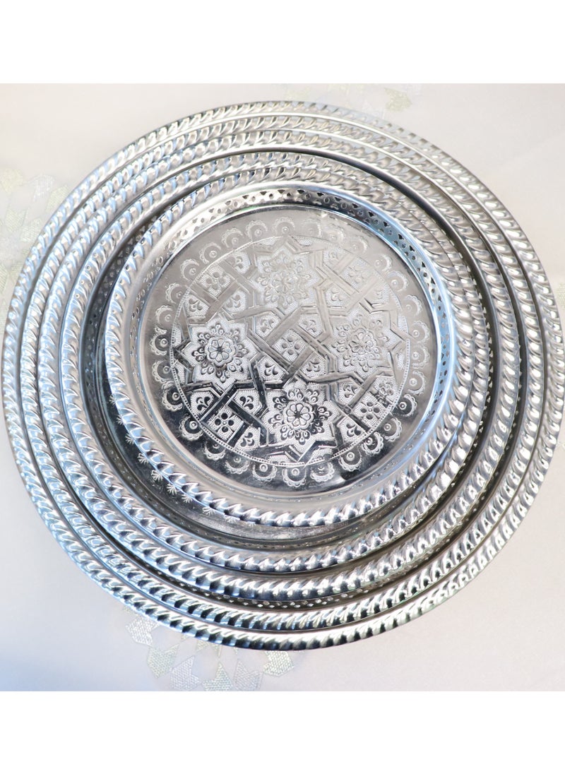 Handmade Moroccan Serving Trays, Brass Silver, Set of 5, Round with Embossed Pattern