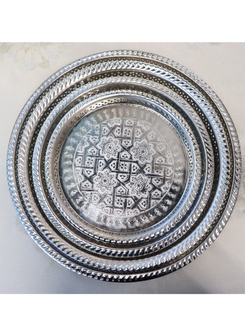 Moroccan Silver Brass Serving Trays, Traditional Design, Set of 4