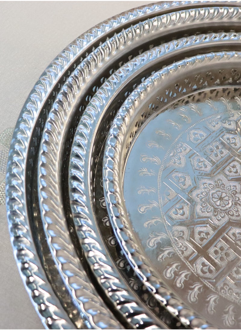 Moroccan Silver Brass Serving Trays, Traditional Design, Set of 4