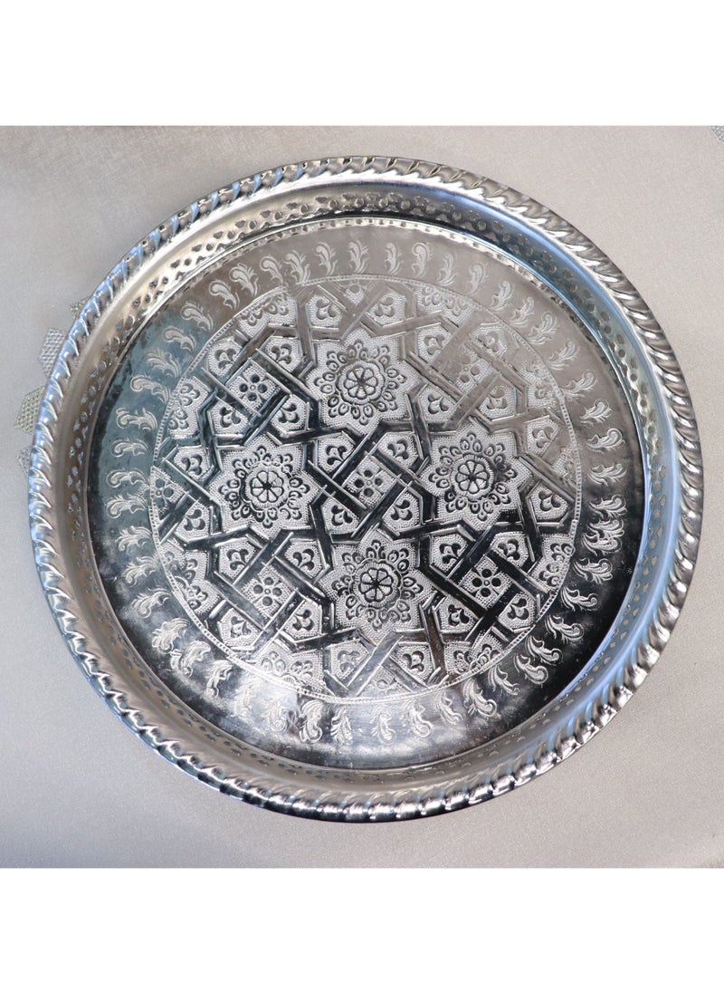 Moroccan Silver Brass Serving Trays, Traditional Design, Set of 4