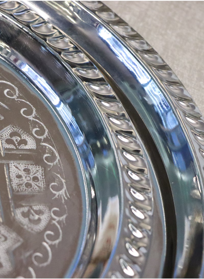 Decorative Moroccan Serving Tray Set, Silver Brass with Engraved Floral Pattern, 2 Pieces