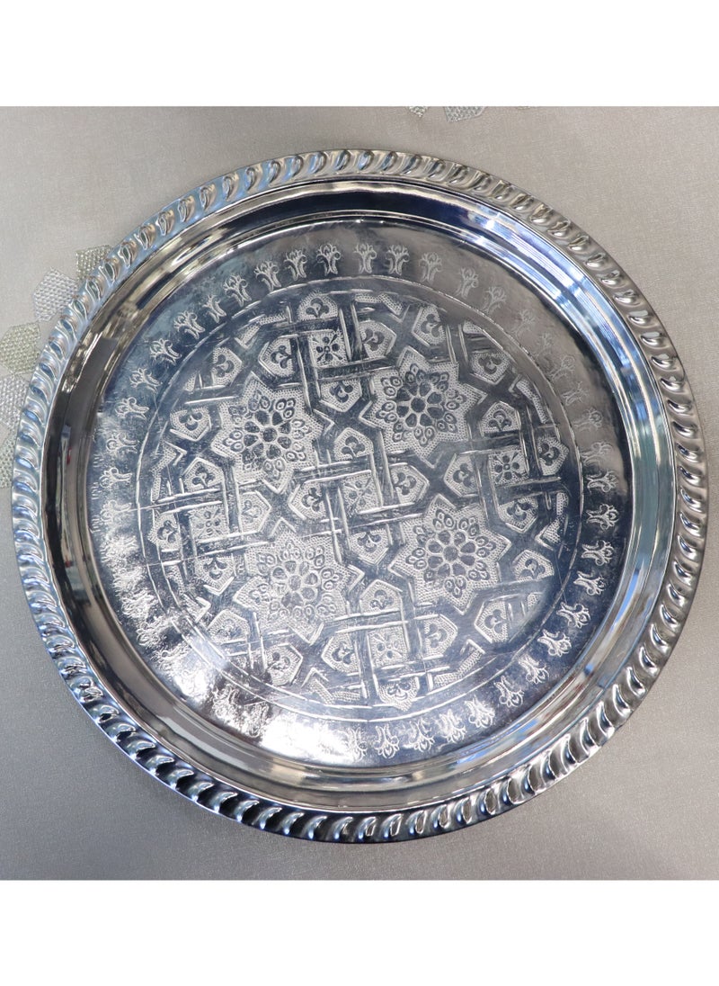 Decorative Moroccan Serving Tray Set, Silver Brass with Engraved Floral Pattern, 2 Pieces