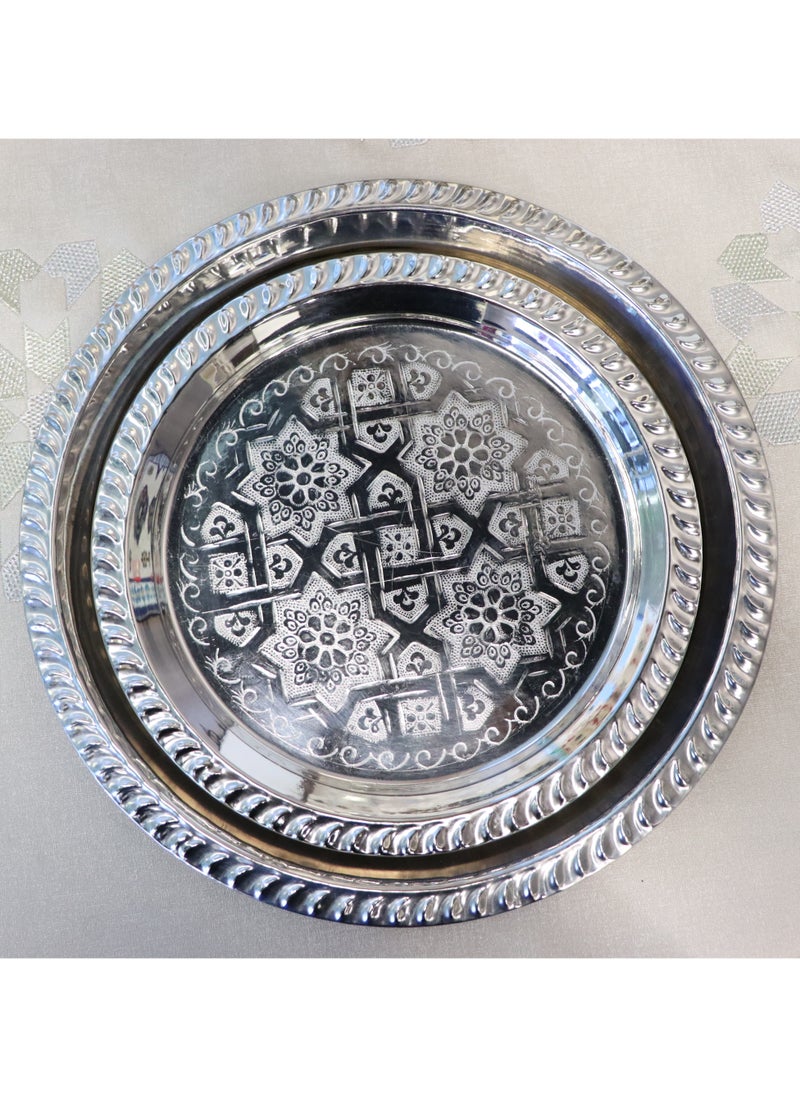 Decorative Moroccan Serving Tray Set, Silver Brass with Engraved Floral Pattern, 2 Pieces