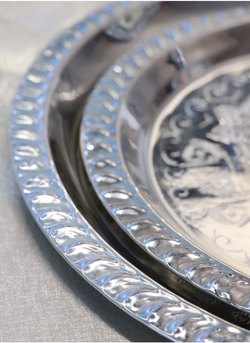 Decorative Moroccan Serving Tray Set, Silver Brass with Engraved Floral Pattern, 2 Pieces