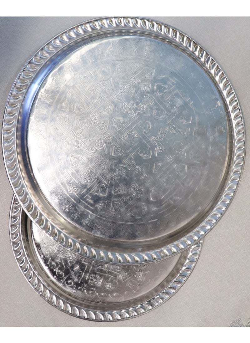 Decorative Moroccan Serving Tray Set, Silver Brass with Engraved Floral Pattern, 2 Pieces