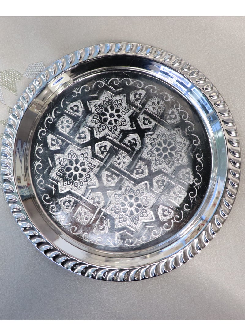 Decorative Moroccan Serving Tray Set, Silver Brass with Engraved Floral Pattern, 2 Pieces