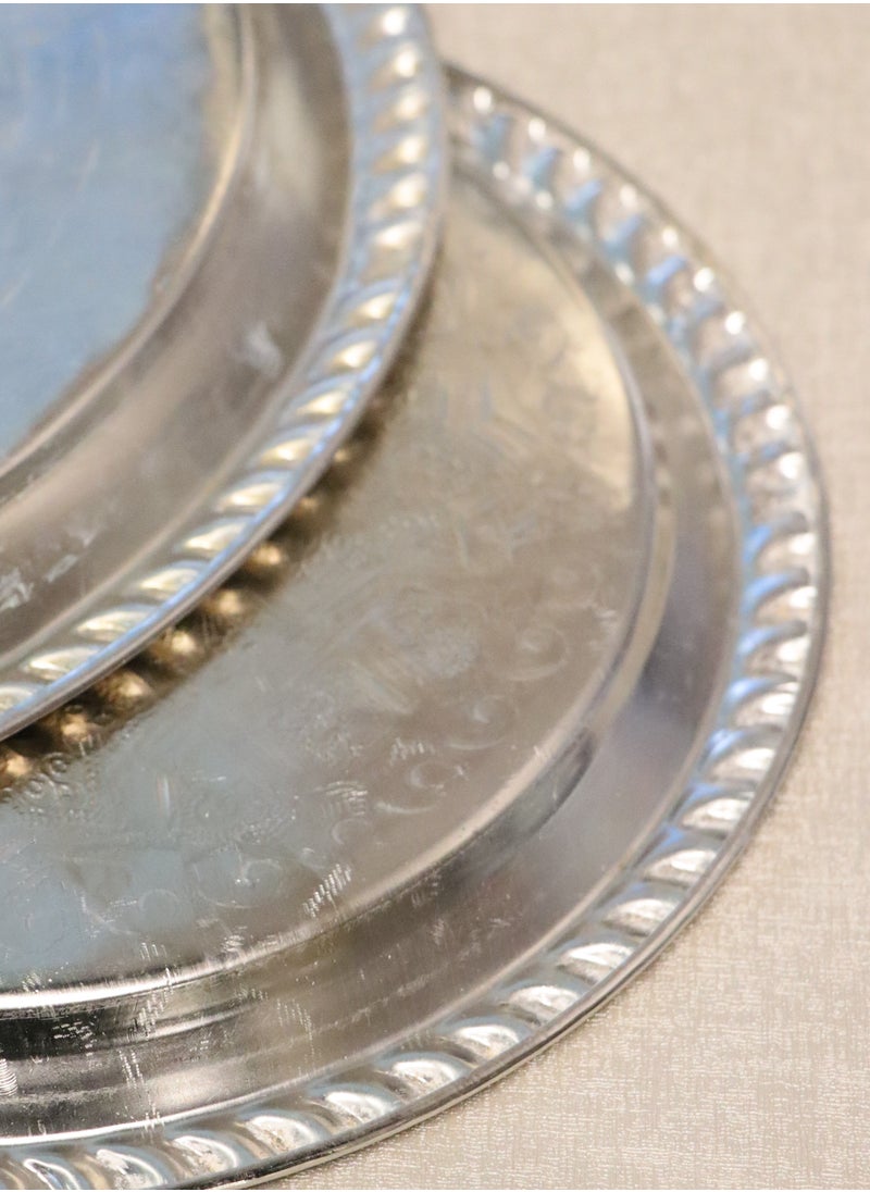 Decorative Moroccan Serving Tray Set, Silver Brass with Engraved Floral Pattern, 2 Pieces