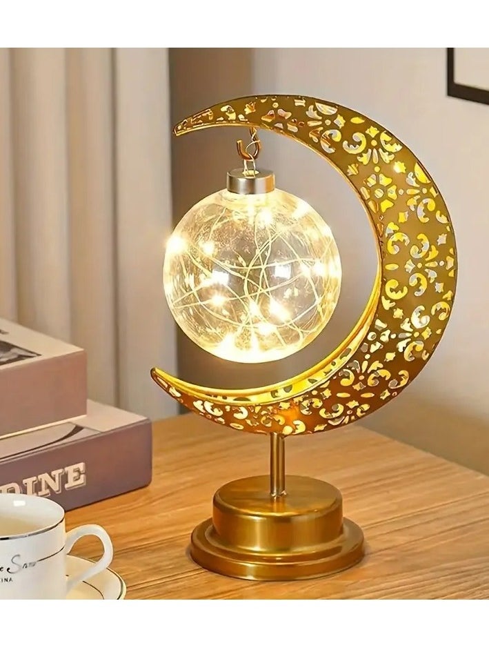 Ramadan Moon Star Iron Table Lamp - Battery-Operated Night Light for Festival and Bedroom Decor, Retro Style, Suitable for Ramadan and Valentine's Day 18X27 cm