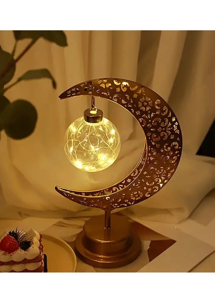 Ramadan Moon Star Iron Table Lamp - Battery-Operated Night Light for Festival and Bedroom Decor, Retro Style, Suitable for Ramadan and Valentine's Day