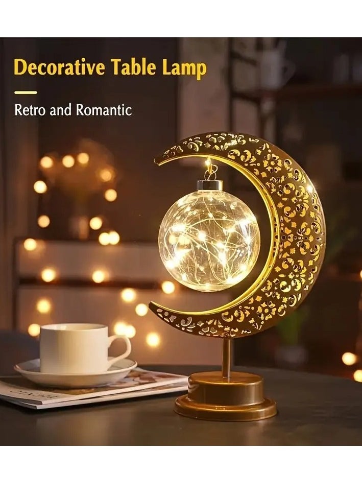 Ramadan Moon Star Iron Table Lamp - Battery-Operated Night Light for Festival and Bedroom Decor, Retro Style, Suitable for Ramadan and Valentine's Day