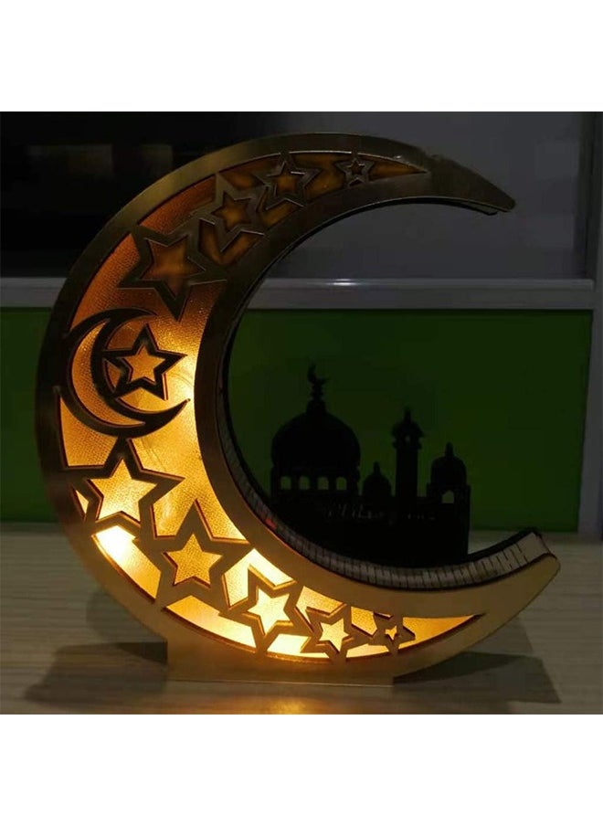 Ramadan Lamp, Ramadan Decorations, Ramadan Moon Shape LED Light for Eid Mubarak Home Decoration Wooden Hollow Night Light