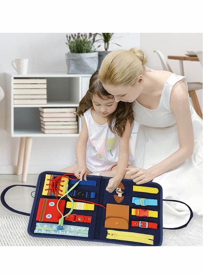 Toddler Busy Board, Montessori Toy Gifts for Fine Motor Skills & Learn to Dress, Sensory Toy for Aeroplane or Car Travel