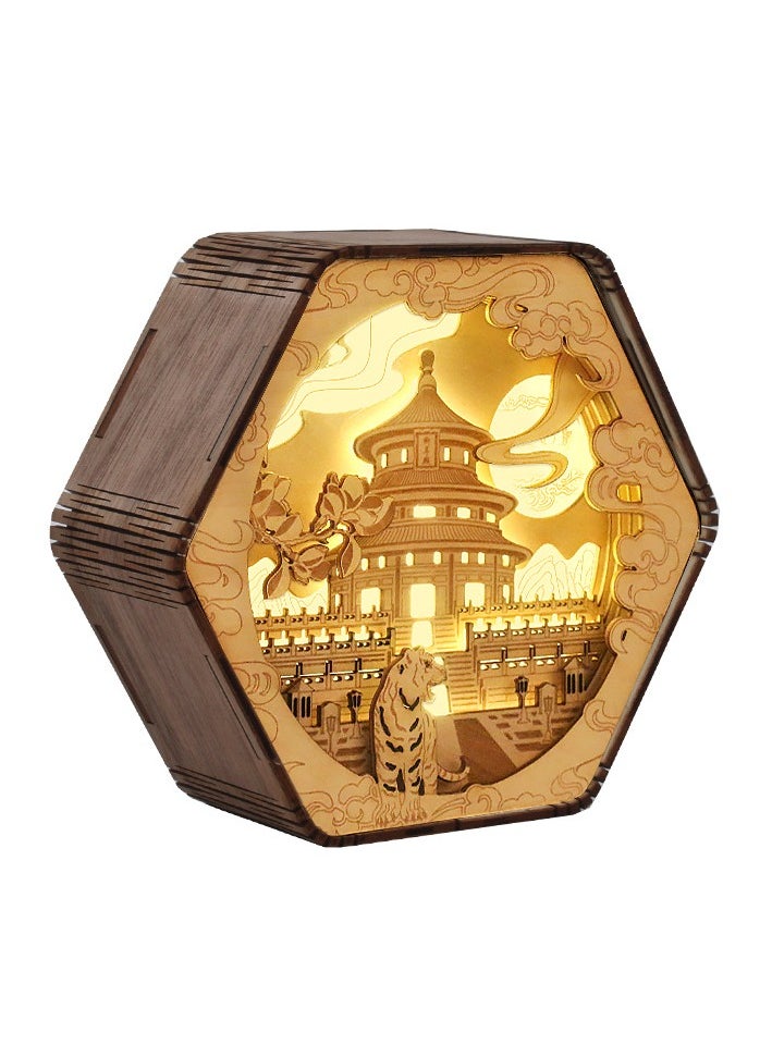 Dunhuang wood carving lamp creative gift retro literary gift bedside, living room, bedroom, office, dining room, 3D night light decorative ornament table lamp paper carving lamp - Tiantan pattern