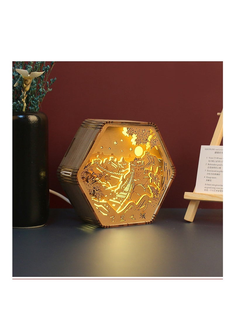 Dunhuang wood carving lamp creative gift retro literary gift bedside, living room, bedroom, office, dining room, 3D night light decorative ornament table lamp paper carving lamp - Mid-Autumn Festival - Chang'e in the Moon - Round