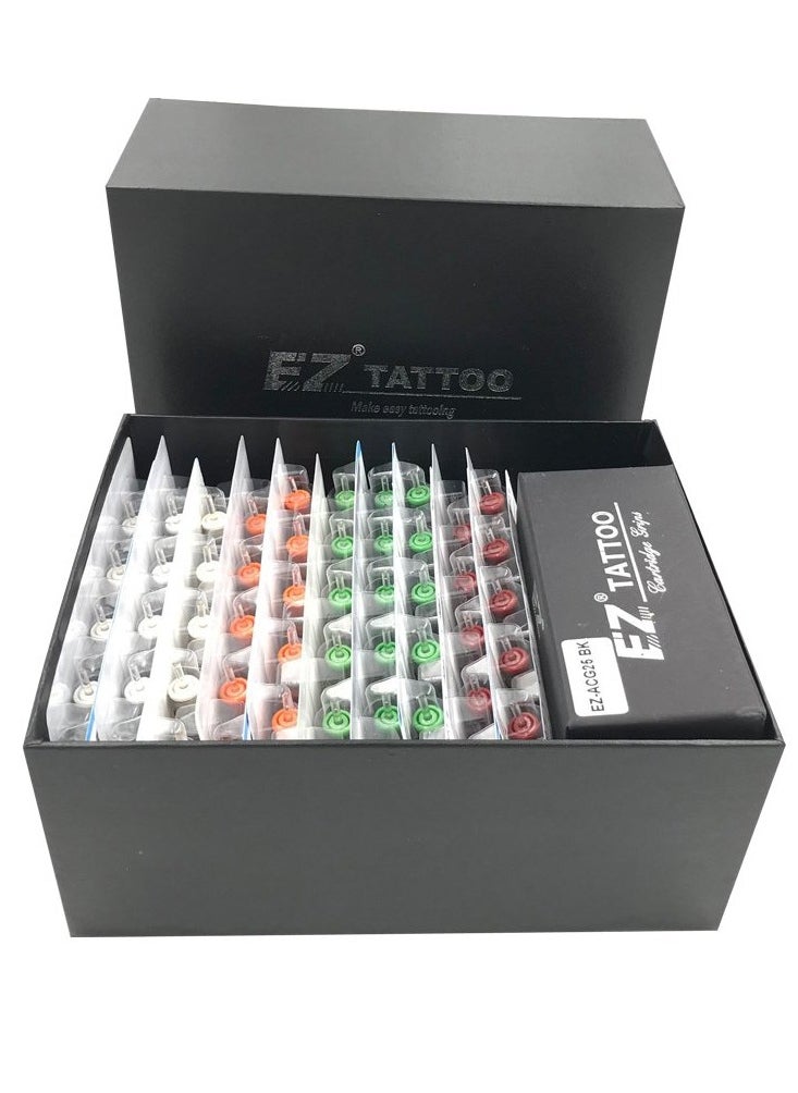 EZ 100 Pcs Revolution Tattoo Cartridge Needles Assorted 3RL 5RL 7RL 5RS 7RS 7M1 9M1 11M1 9CM 15CM with 2 Aluminum Grips Mixed Tattoo Needles for Rotary Pen Machine Supply