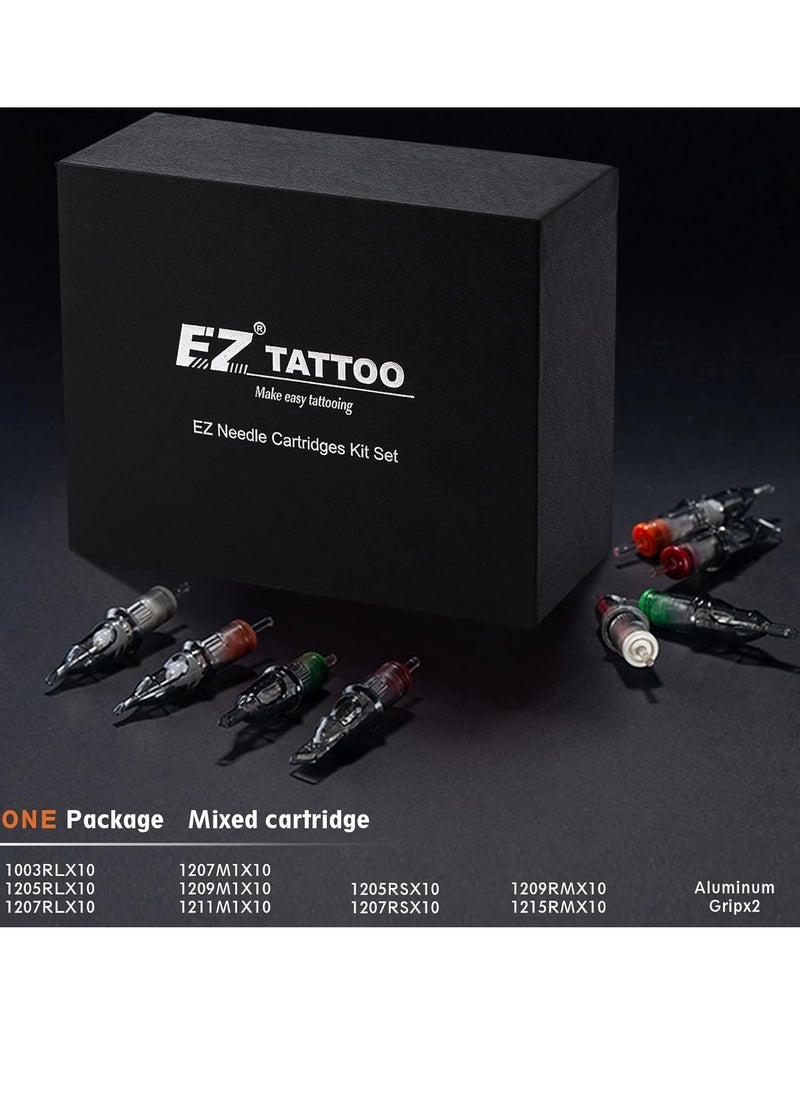 EZ 100 Pcs Revolution Tattoo Cartridge Needles Assorted 3RL 5RL 7RL 5RS 7RS 7M1 9M1 11M1 9CM 15CM with 2 Aluminum Grips Mixed Tattoo Needles for Rotary Pen Machine Supply