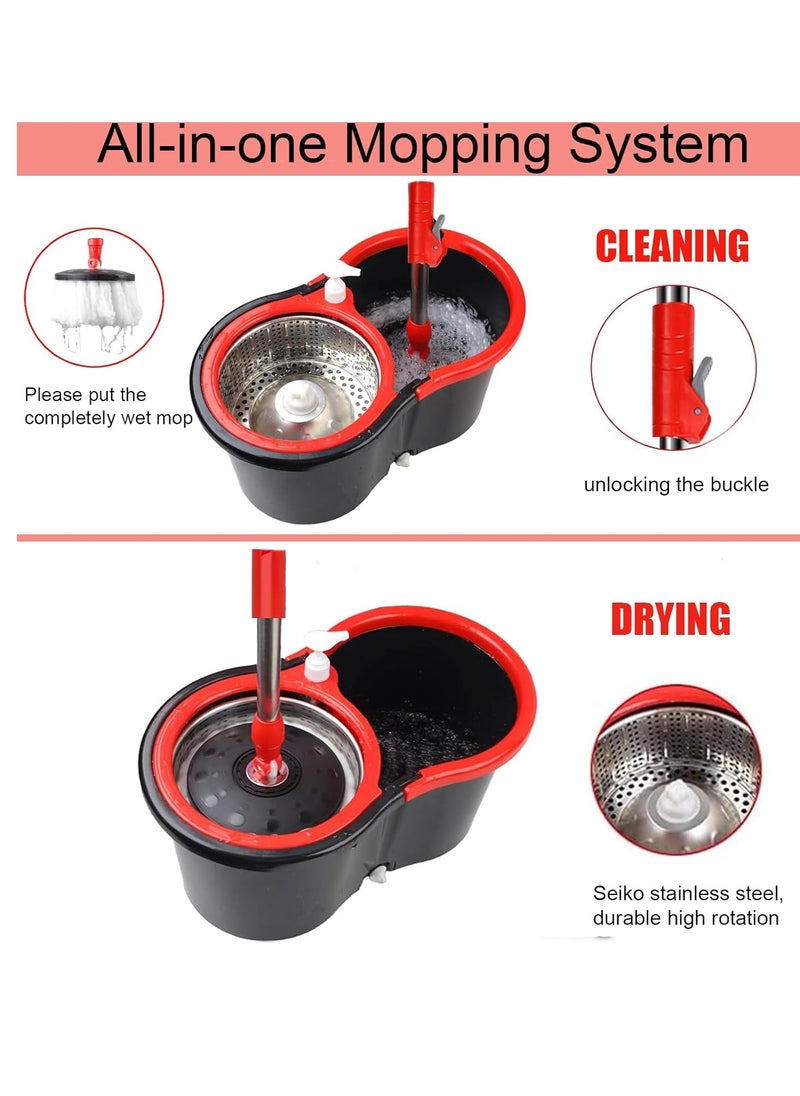 Spin Mop For Floor Cleaning Stainless Steel Mop and Bucket With Telescopic Handle Hands-Free Wringing Floor Mop With 6L Large Capacity and Reusable Refills For Home Office