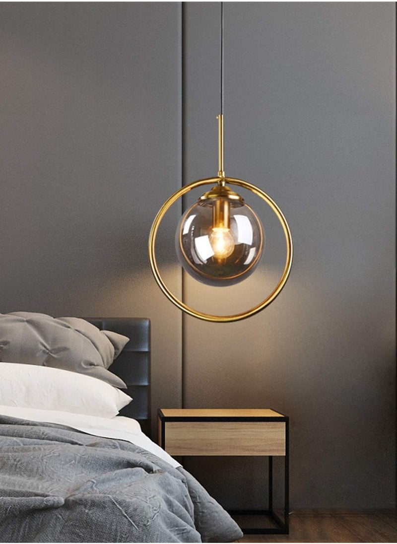 A F N LIGHTINGS E26 Circle Copper Gold Pendant Light, Amber Glass Nordic Modern Hanging Lamp for Kitchen, Dining Room, and Living Room Light Fixture - 1 Piece