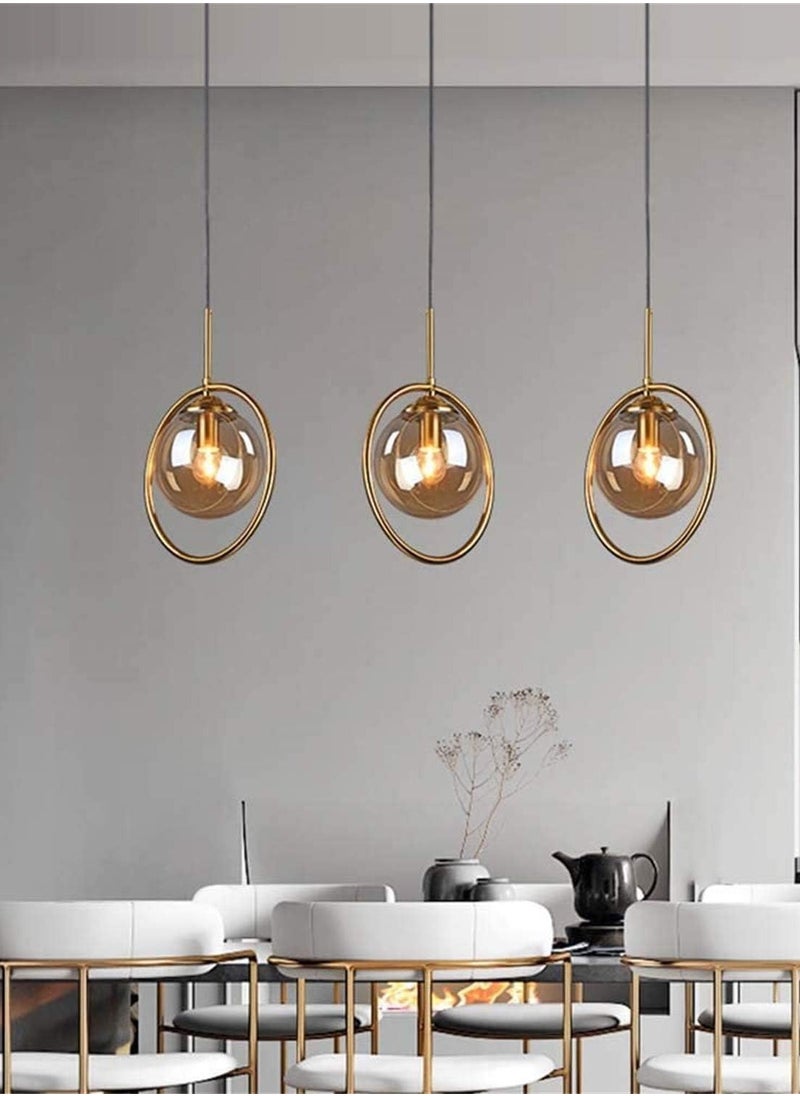 A F N LIGHTINGS E26 Circle Copper Gold Pendant Light, Amber Glass Nordic Modern Hanging Lamp for Kitchen, Dining Room, and Living Room Light Fixture - 1 Piece