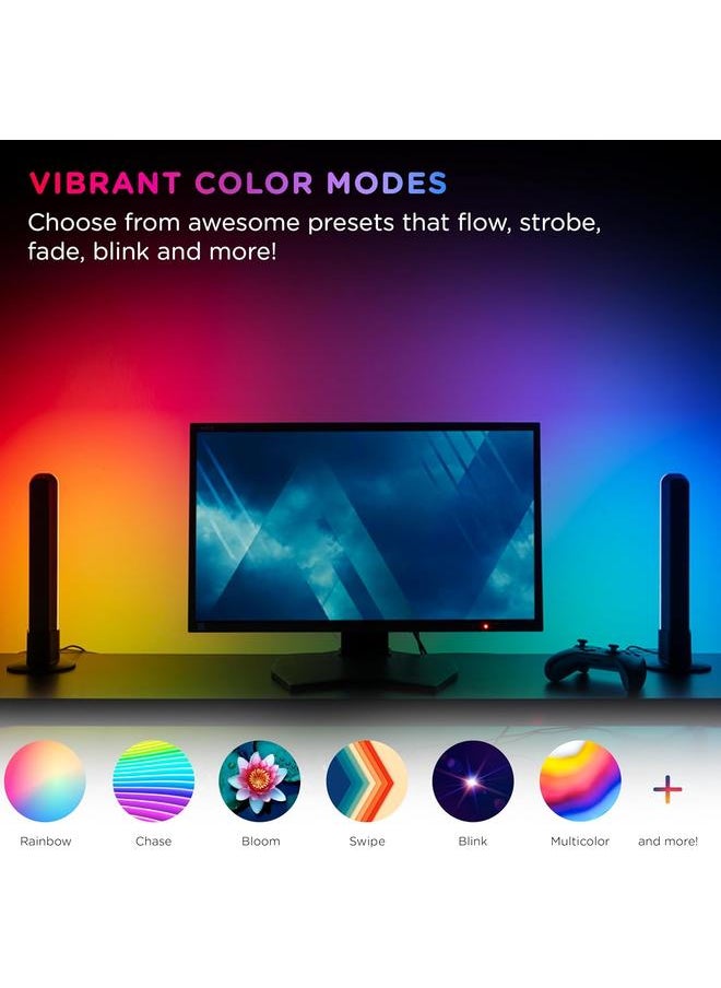 Smart Color-Changing Gaming Light Bars – WiFi & USB-Powered LED RGBIC Mood Lighting with Music Sync, for Home, Office, Bedroom, Dorm, Kids & Adults, 2-Pack, Black