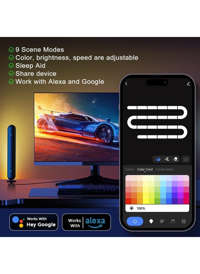 Smart Color-Changing Gaming Light Bars – WiFi & USB-Powered LED RGBIC Mood Lighting with Music Sync, for Home, Office, Bedroom, Dorm, Kids & Adults, 2-Pack, Black