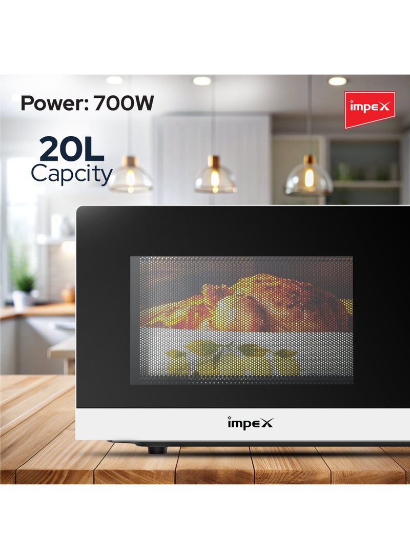 20L Digital Microwave Oven with 99-Minute Timer, 8 Preset Menus, Child Safety Lock, Defrost Function, 700W Power, 255mm Glass Turntable, Push Button Door, and Cooking Indicator 20 L 700 W MO 8101DB White/Black