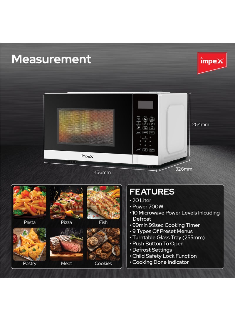 20L Digital Microwave Oven with 99-Minute Timer, 8 Preset Menus, Child Safety Lock, Defrost Function, 700W Power, 255mm Glass Turntable, Push Button Door, and Cooking Indicator 20 L 700 W MO 8101DB White/Black