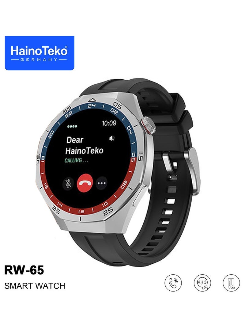 HainoTeko GT5 Pro Smartwatch RW-65 with Large Screen AMOLED Display Built-In Voice Assistant 3 Pair Premium Quality Straps and Charging Cable Designed For Men Silver