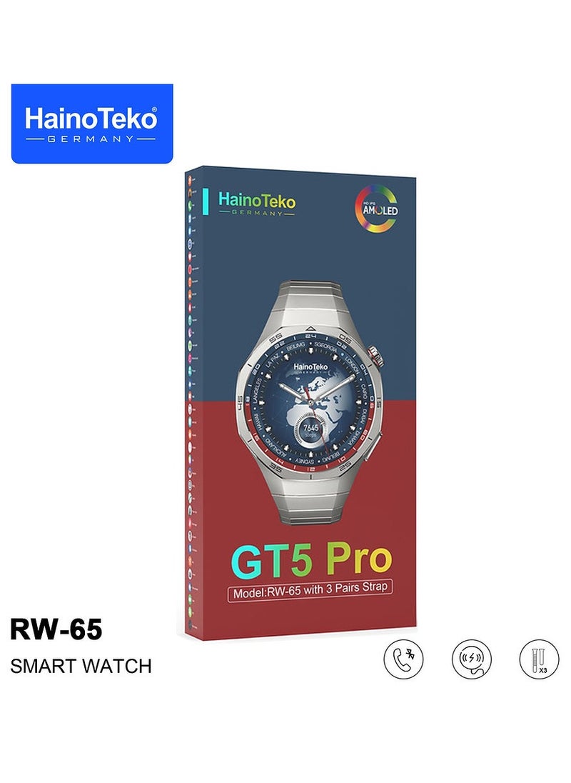 HainoTeko GT5 Pro Smartwatch RW-65 with Large Screen AMOLED Display Built-In Voice Assistant 3 Pair Premium Quality Straps and Charging Cable Designed For Men Silver