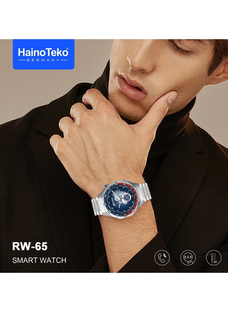 HainoTeko GT5 Pro Smartwatch RW-65 with Large Screen AMOLED Display Built-In Voice Assistant 3 Pair Premium Quality Straps and Charging Cable Designed For Men Silver