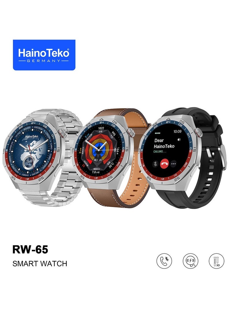 HainoTeko GT5 Pro Smartwatch RW-65 with Large Screen AMOLED Display Built-In Voice Assistant 3 Pair Premium Quality Straps and Charging Cable Designed For Men Silver