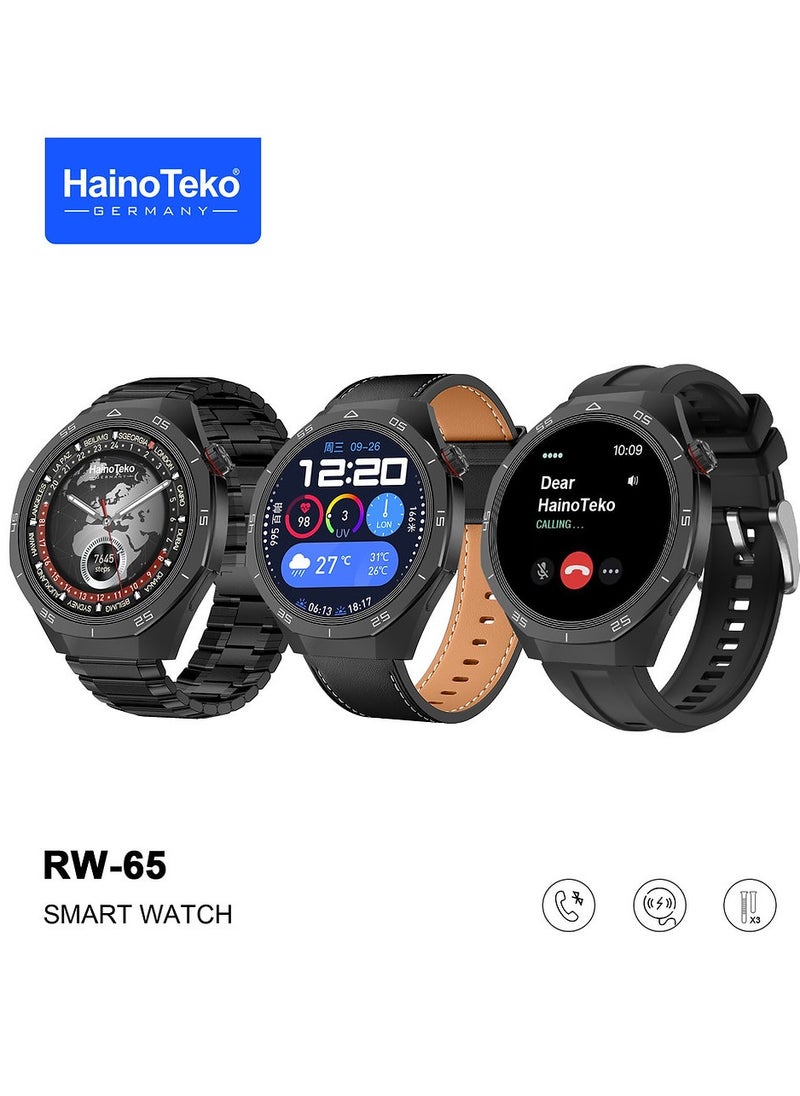 HainoTeko GT5 Pro Smartwatch RW-65 with Large Screen AMOLED Display Built-In Voice Assistant 3 Pair Premium Quality Straps and Charging Cable Designed For Men Black