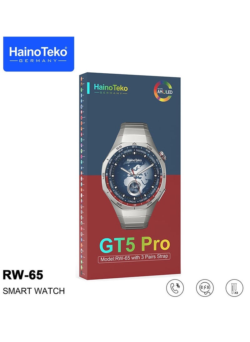 HainoTeko GT5 Pro Smartwatch RW-65 with Large Screen AMOLED Display Built-In Voice Assistant 3 Pair Premium Quality Straps and Charging Cable Designed For Men Black