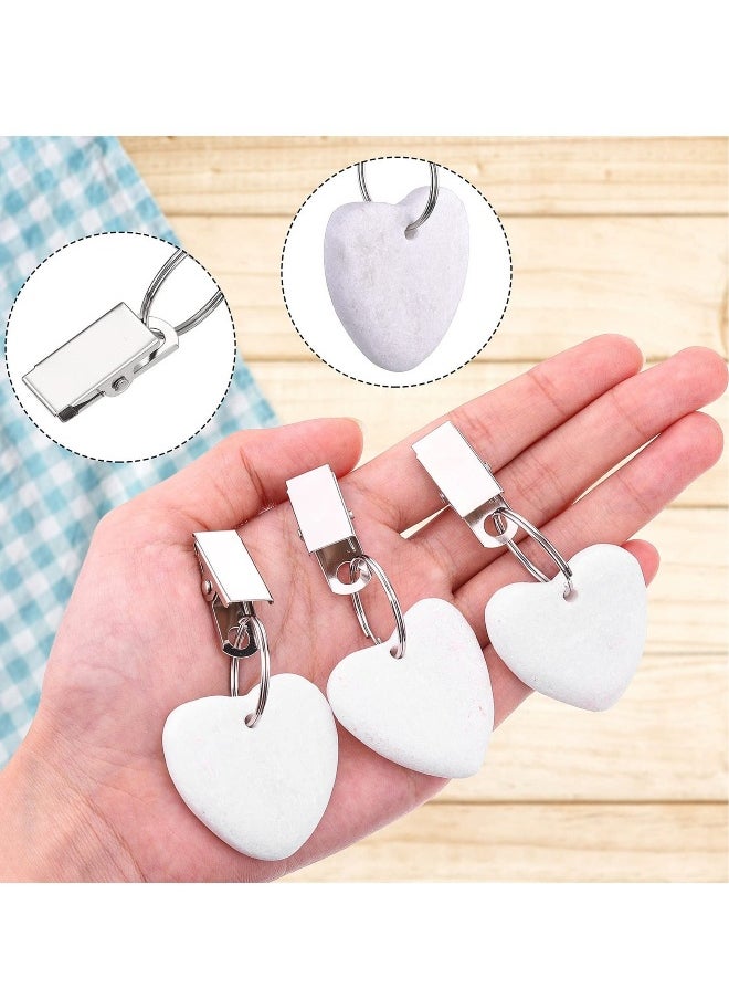 Tablecloth Weights Clip,Marble Heart-Shaped Weights,Stainless Steel Clips - Set of 12,Keep Your Tablecloth Secure(White)