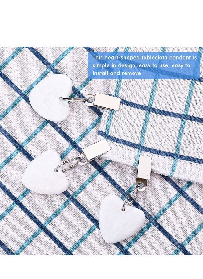 Tablecloth Weights Clip,Marble Heart-Shaped Weights,Stainless Steel Clips - Set of 12,Keep Your Tablecloth Secure(White)