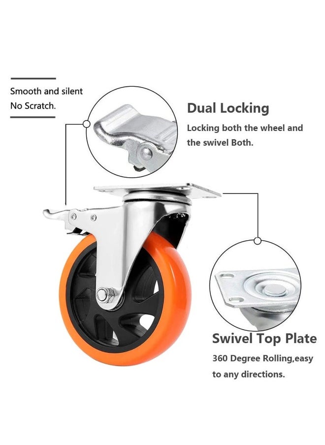 Heavy Duty Furniture Castor Wheels with Brakes - 125mm Swivel Caster Wheels Bearing 900KG - Quiet Rubber Trolley Wheels for Hardwood, Tile, Carpet, Laminate, and More